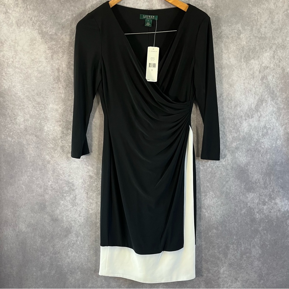 NEW Ralph Lauren Midi Dress Womens 4 Black Low V Neck Faux Wrap Slit Stretch NWT